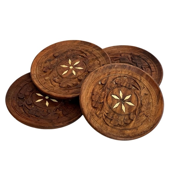 Vintage Set of 4 Wood Carved Coasters Trivets MCM Mid Century Modern Boho - Picture 1 of 8